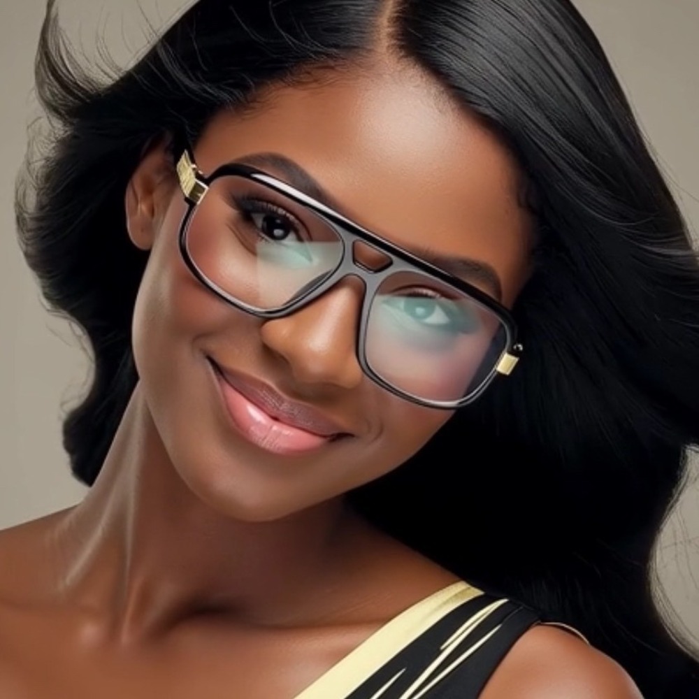 Women Oversized Black Frame Glasses Clear Lens Gold Accent Retro ‎ UV400 Gafas